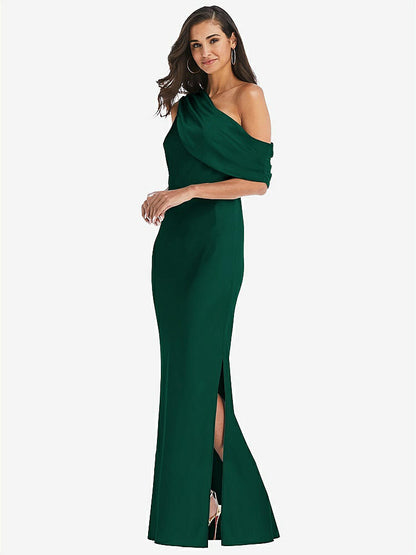 【STYLE: 8210】Draped One-Shoulder Convertible Maxi Slip Dress【COLOR: Hunter Green】