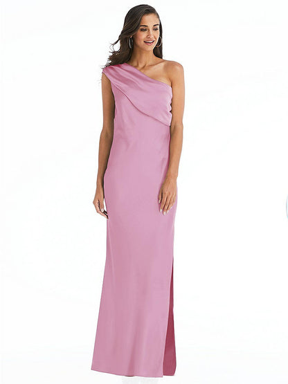 【NEW】【STYLE: 8210】ドレープ ワンショルダー コンバーチブル マキシ スリップ ドレス【COLOR: Powder Pink】【SIZE: 00-30W】