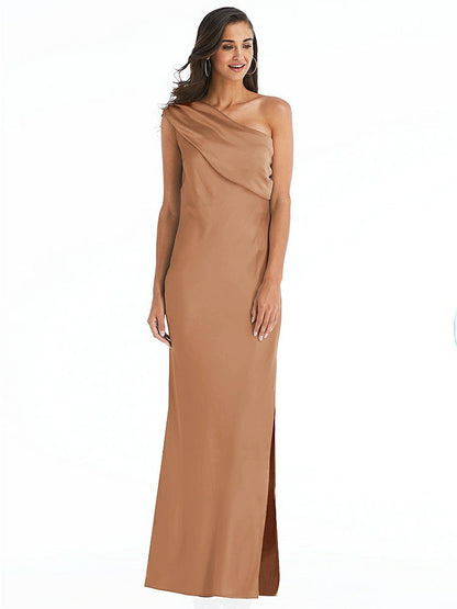 【STYLE: 8210】Draped One-Shoulder Convertible Maxi Slip Dress【COLOR: Toffee】