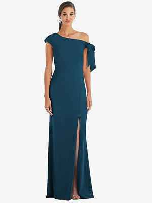 【STYLE: 3073】Off-the-Shoulder Tie Detail Trumpet Gown with Front Slit【COLOR: Atlantic Blue】