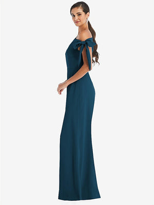 【STYLE: 3073】Off-the-Shoulder Tie Detail Trumpet Gown with Front Slit【COLOR: Atlantic Blue】