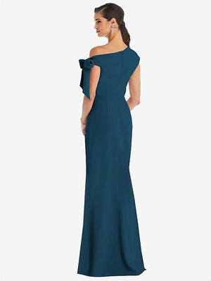 【STYLE: 3073】Off-the-Shoulder Tie Detail Trumpet Gown with Front Slit【COLOR: Atlantic Blue】