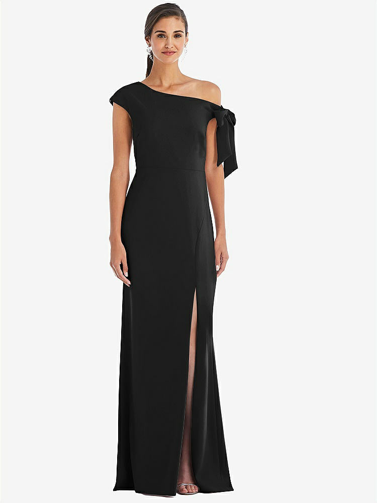 【STYLE: 3073】Off-the-Shoulder Tie Detail Trumpet Gown with Front Slit【COLOR: Black】
