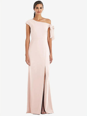 【STYLE: 3073】Off-the-Shoulder Tie Detail Trumpet Gown with Front Slit【COLOR: Blush】