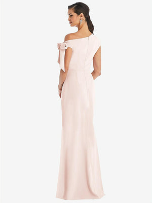 【STYLE: 3073】Off-the-Shoulder Tie Detail Trumpet Gown with Front Slit【COLOR: Blush】
