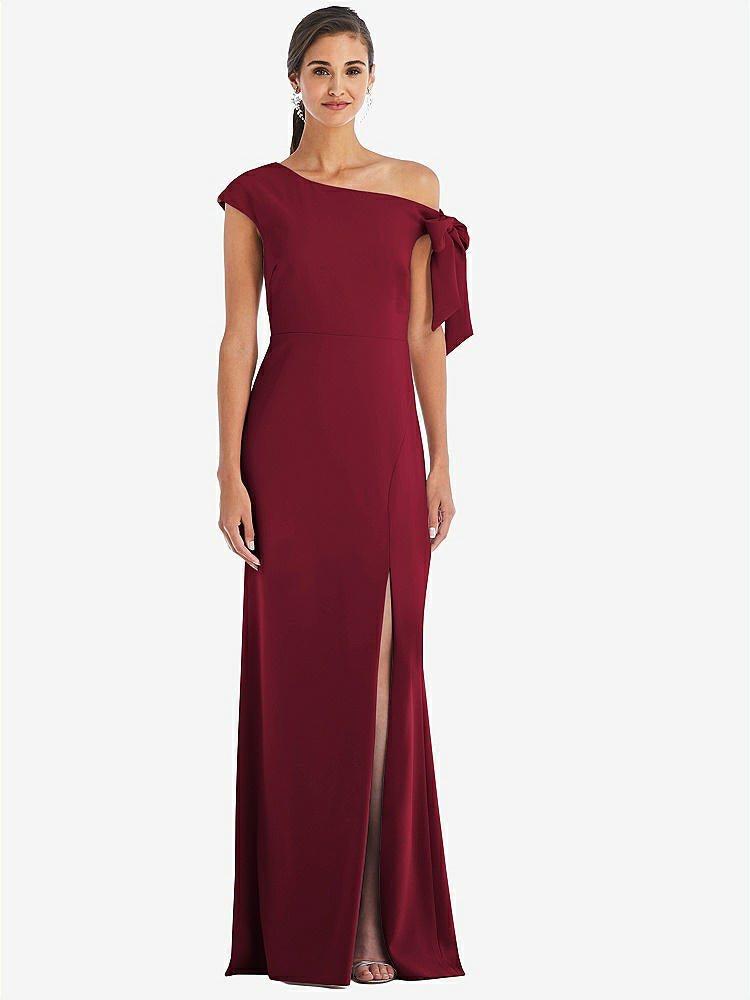 【STYLE: 3073】Off-the-Shoulder Tie Detail Trumpet Gown with Front Slit【COLOR: Burgundy】