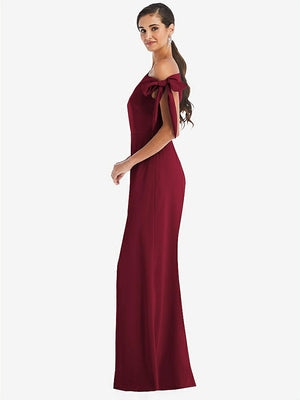 【STYLE: 3073】Off-the-Shoulder Tie Detail Trumpet Gown with Front Slit【COLOR: Burgundy】