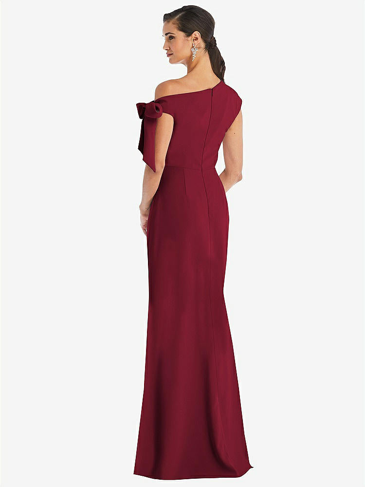 【STYLE: 3073】Off-the-Shoulder Tie Detail Trumpet Gown with Front Slit【COLOR: Burgundy】