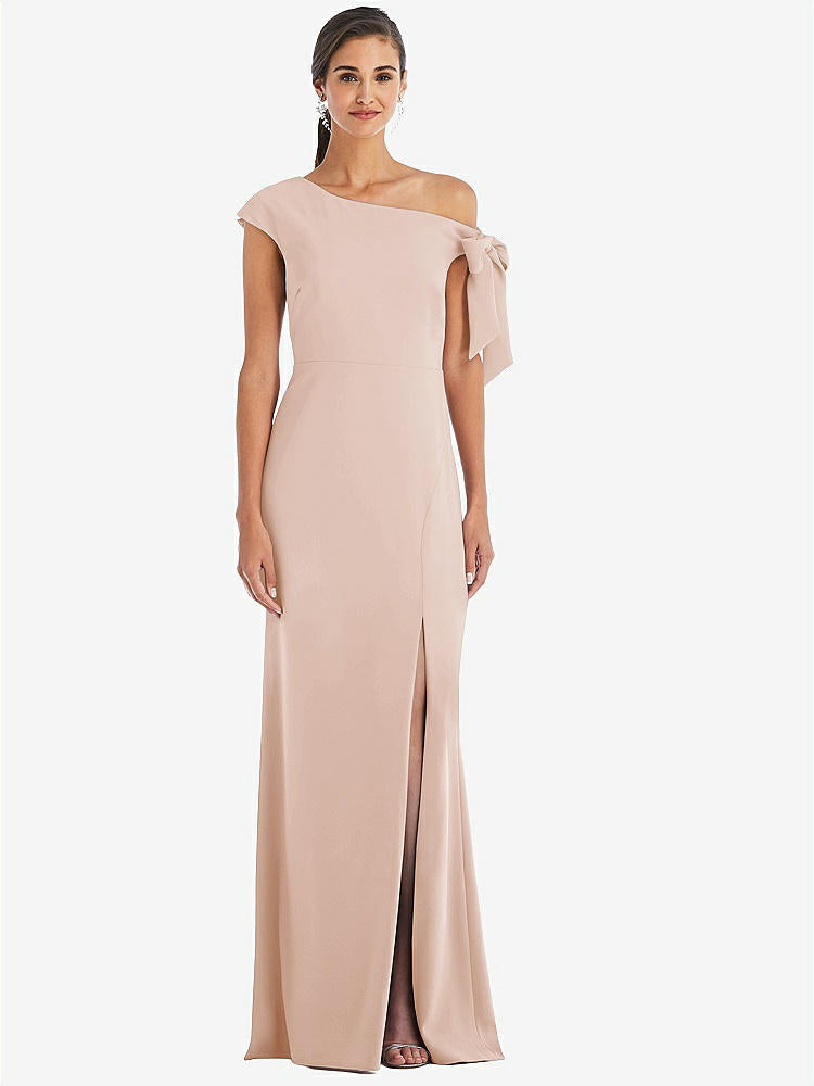 【STYLE: 3073】Off-the-Shoulder Tie Detail Trumpet Gown with Front Slit【COLOR: Cameo】