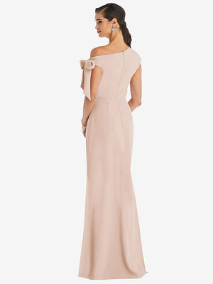 【STYLE: 3073】Off-the-Shoulder Tie Detail Trumpet Gown with Front Slit【COLOR: Cameo】