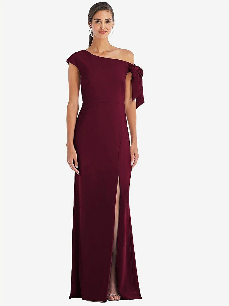 【STYLE: 3073】Off-the-Shoulder Tie Detail Trumpet Gown with Front Slit【COLOR: Cabernet】