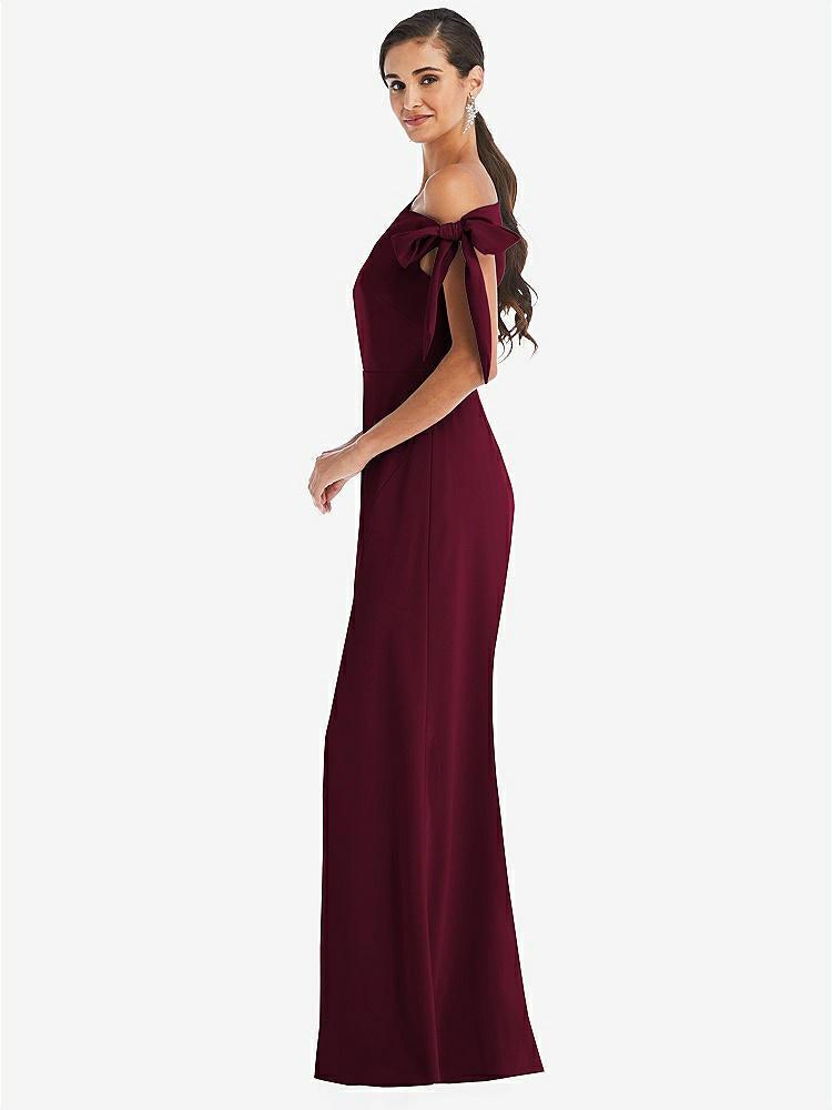 【STYLE: 3073】Off-the-Shoulder Tie Detail Trumpet Gown with Front Slit【COLOR: Cabernet】
