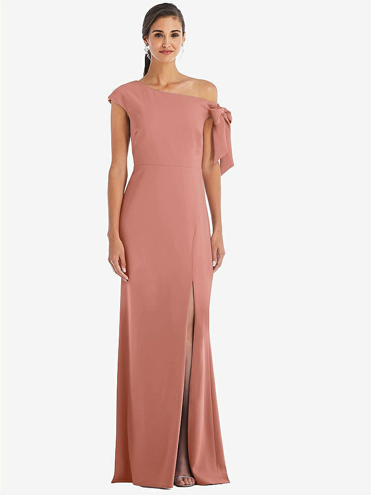【STYLE: 3073】Off-the-Shoulder Tie Detail Trumpet Gown with Front Slit【COLOR: Desert Rose】