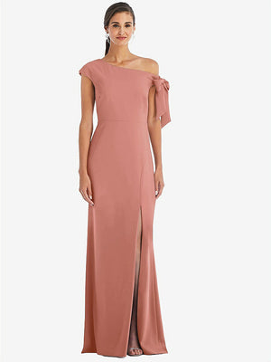 【STYLE: 3073】Off-the-Shoulder Tie Detail Trumpet Gown with Front Slit【COLOR: Desert Rose】