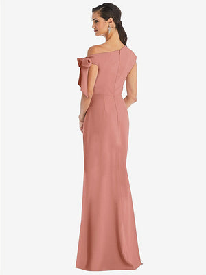 【STYLE: 3073】Off-the-Shoulder Tie Detail Trumpet Gown with Front Slit【COLOR: Desert Rose】