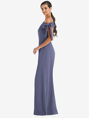 【STYLE: 3073】Off-the-Shoulder Tie Detail Trumpet Gown with Front Slit【COLOR: French Blue】