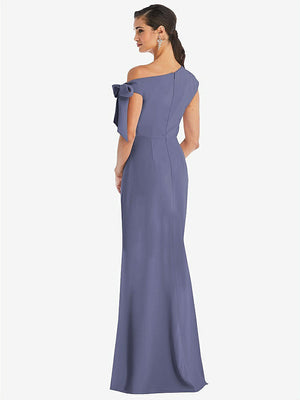 【STYLE: 3073】Off-the-Shoulder Tie Detail Trumpet Gown with Front Slit【COLOR: French Blue】