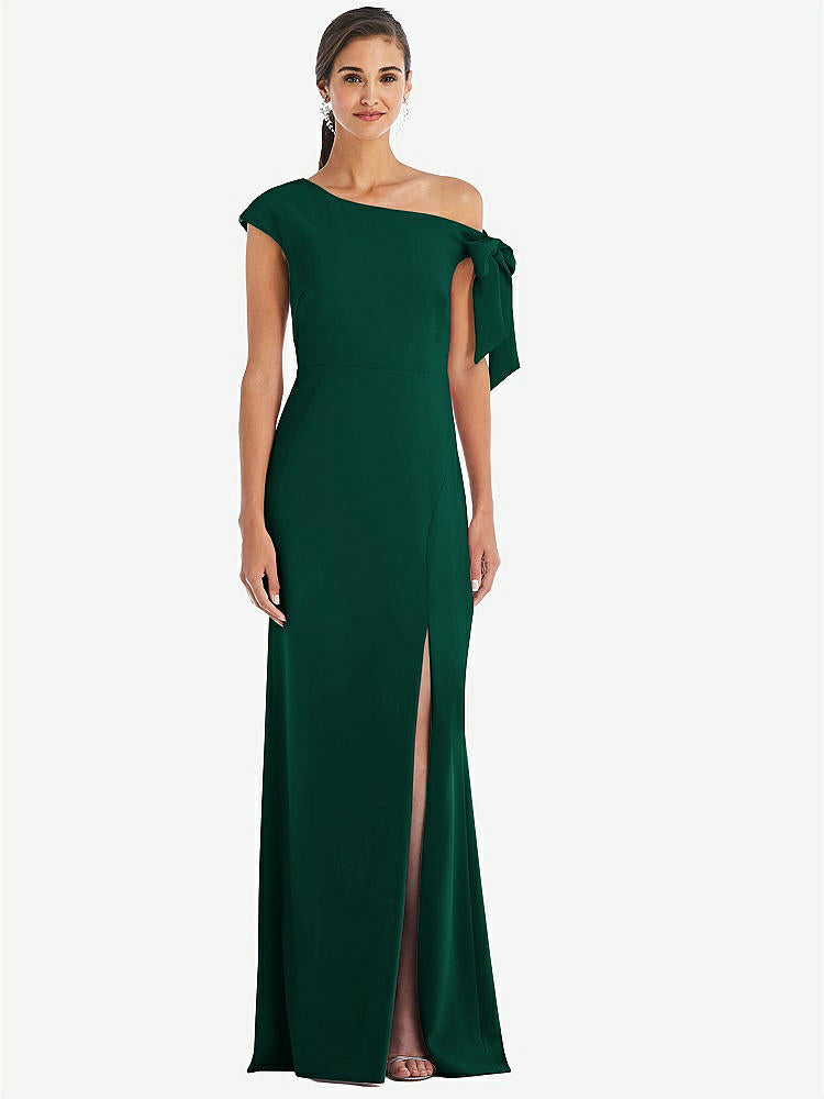 【STYLE: 3073】Off-the-Shoulder Tie Detail Trumpet Gown with Front Slit【COLOR: Hunter Green】