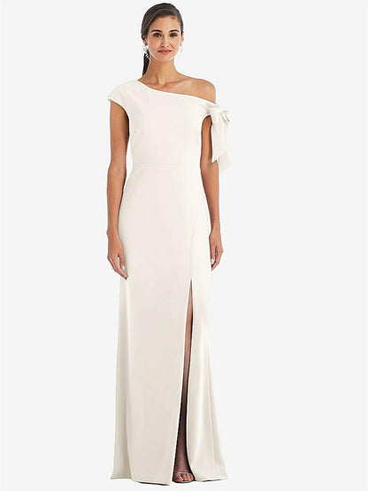 【STYLE: 3073】Off-the-Shoulder Tie Detail Trumpet Gown with Front Slit【COLOR: Ivory】