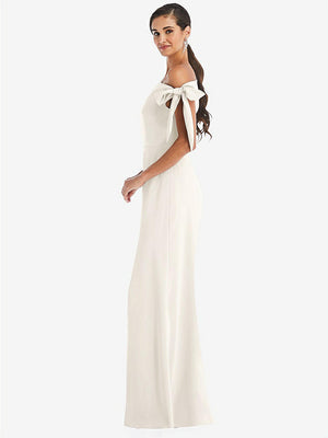 【STYLE: 3073】Off-the-Shoulder Tie Detail Trumpet Gown with Front Slit【COLOR: Ivory】
