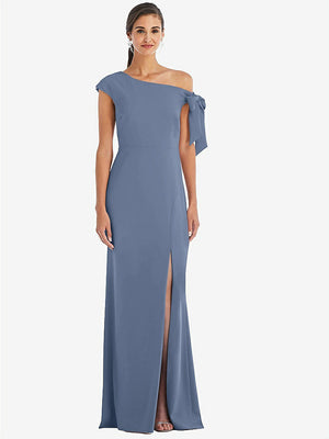 【STYLE: 3073】Off-the-Shoulder Tie Detail Trumpet Gown with Front Slit【COLOR: Larkspur Blue】