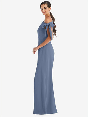 【STYLE: 3073】Off-the-Shoulder Tie Detail Trumpet Gown with Front Slit【COLOR: Larkspur Blue】
