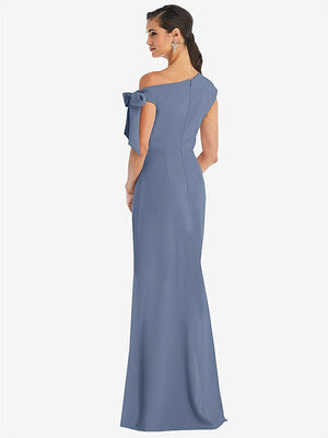 【STYLE: 3073】Off-the-Shoulder Tie Detail Trumpet Gown with Front Slit【COLOR: Larkspur Blue】