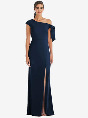 【STYLE: 3073】Off-the-Shoulder Tie Detail Trumpet Gown with Front Slit【COLOR: Midnight Navy】