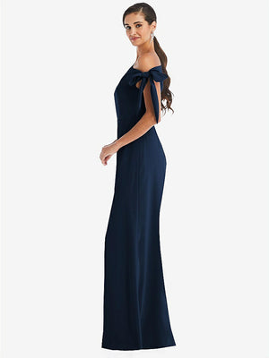 【STYLE: 3073】Off-the-Shoulder Tie Detail Trumpet Gown with Front Slit【COLOR: Midnight Navy】