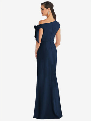【STYLE: 3073】Off-the-Shoulder Tie Detail Trumpet Gown with Front Slit【COLOR: Midnight Navy】