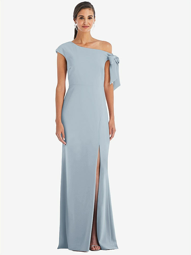 【STYLE: 3073】Off-the-Shoulder Tie Detail Trumpet Gown with Front Slit【COLOR: Mist】