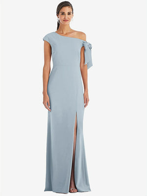【STYLE: 3073】Off-the-Shoulder Tie Detail Trumpet Gown with Front Slit【COLOR: Mist】