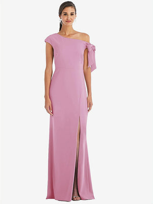 【STYLE: 3073】Off-the-Shoulder Tie Detail Trumpet Gown with Front Slit【COLOR: Powder Pink】