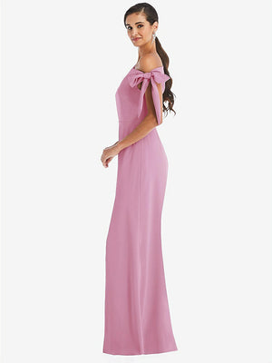 【STYLE: 3073】Off-the-Shoulder Tie Detail Trumpet Gown with Front Slit【COLOR: Powder Pink】
