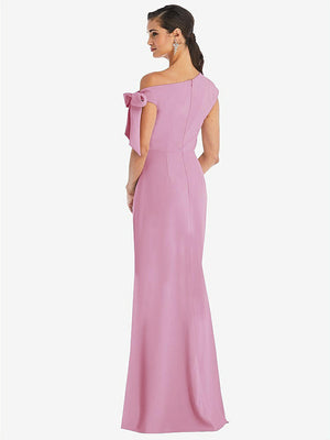 【STYLE: 3073】Off-the-Shoulder Tie Detail Trumpet Gown with Front Slit【COLOR: Powder Pink】