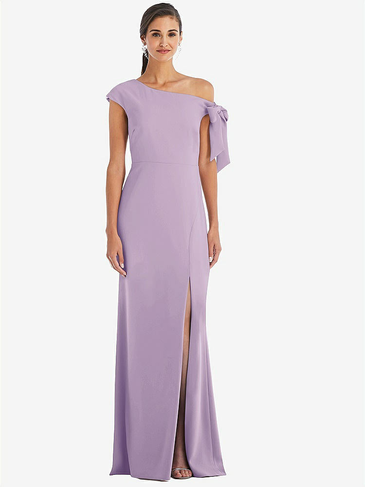 【NEW】【STYLE: 3073】オフショルダー ネクタイ 詳細 トランペット ガウン 前面 スリット【COLOR: Pale Purple】【SIZE: 00-18W】