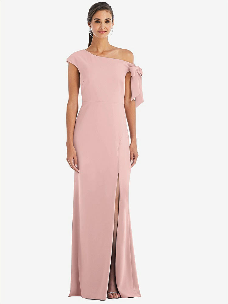 【STYLE: 3073】Off-the-Shoulder Tie Detail Trumpet Gown with Front Slit【COLOR: Rose - PANTONE Rose Quartz】