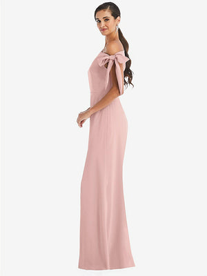 【STYLE: 3073】Off-the-Shoulder Tie Detail Trumpet Gown with Front Slit【COLOR: Rose - PANTONE Rose Quartz】