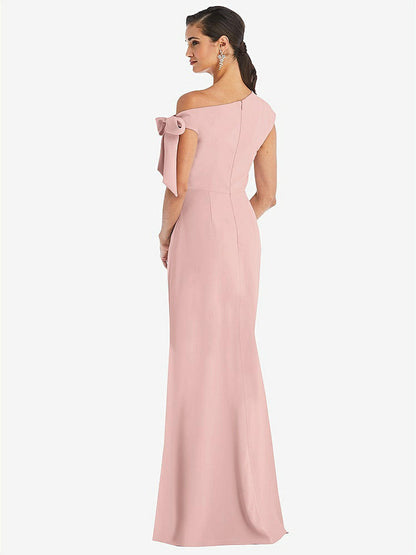 【STYLE: 3073】Off-the-Shoulder Tie Detail Trumpet Gown with Front Slit【COLOR: Rose - PANTONE Rose Quartz】