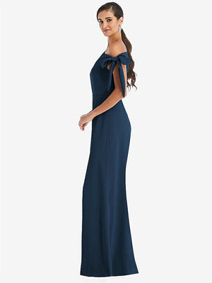 【STYLE: 3073】Off-the-Shoulder Tie Detail Trumpet Gown with Front Slit【COLOR: Sofia Blue】