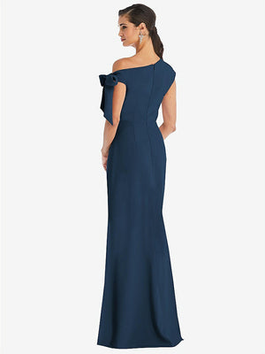 【STYLE: 3073】Off-the-Shoulder Tie Detail Trumpet Gown with Front Slit【COLOR: Sofia Blue】