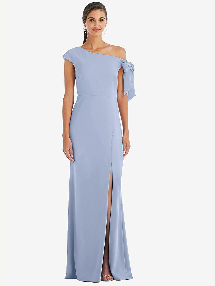 【STYLE: 3073】Off-the-Shoulder Tie Detail Trumpet Gown with Front Slit【COLOR: Sky Blue】