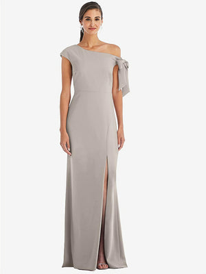 【STYLE: 3073】Off-the-Shoulder Tie Detail Trumpet Gown with Front Slit【COLOR: Taupe】
