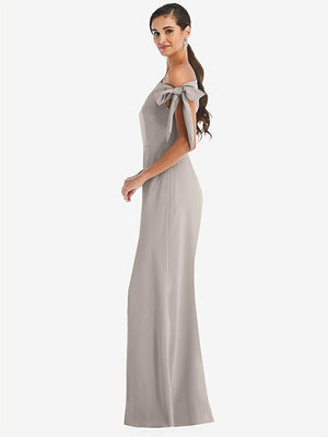 【STYLE: 3073】Off-the-Shoulder Tie Detail Trumpet Gown with Front Slit【COLOR: Taupe】