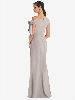 【STYLE: 3073】Off-the-Shoulder Tie Detail Trumpet Gown with Front Slit【COLOR: Taupe】