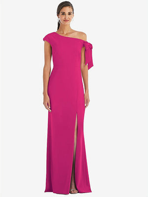 【STYLE: 3073】Off-the-Shoulder Tie Detail Trumpet Gown with Front Slit【COLOR: Think Pink】