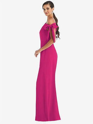 【STYLE: 3073】Off-the-Shoulder Tie Detail Trumpet Gown with Front Slit【COLOR: Think Pink】