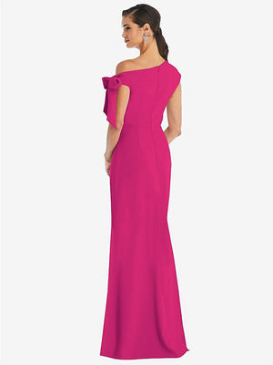 【STYLE: 3073】Off-the-Shoulder Tie Detail Trumpet Gown with Front Slit【COLOR: Think Pink】
