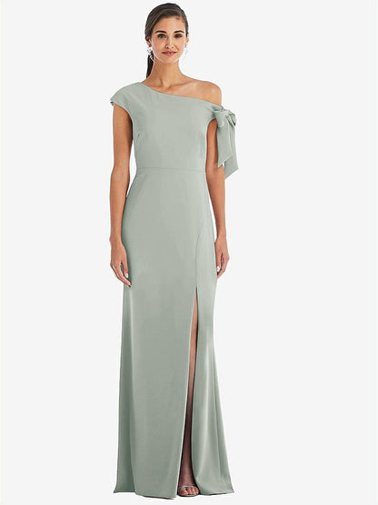 【STYLE: 3073】Off-the-Shoulder Tie Detail Trumpet Gown with Front Slit【COLOR: Willow Green】