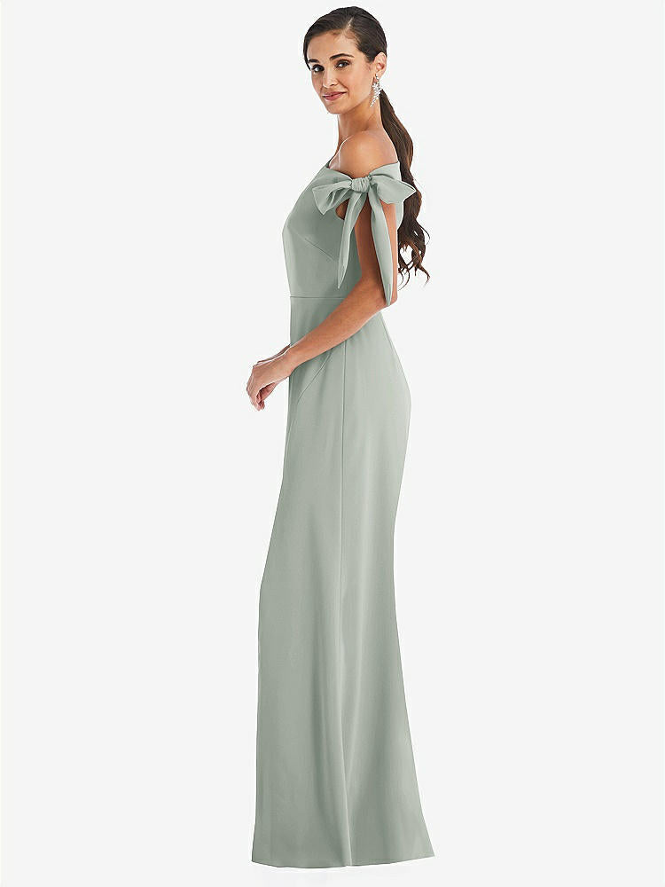 【STYLE: 3073】Off-the-Shoulder Tie Detail Trumpet Gown with Front Slit【COLOR: Willow Green】